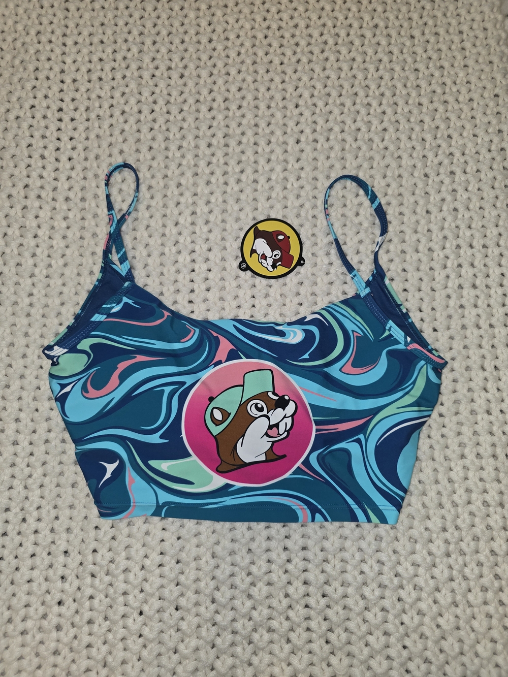 Source Unknown Teal Swirl Crop Swim Top with Pink Logo